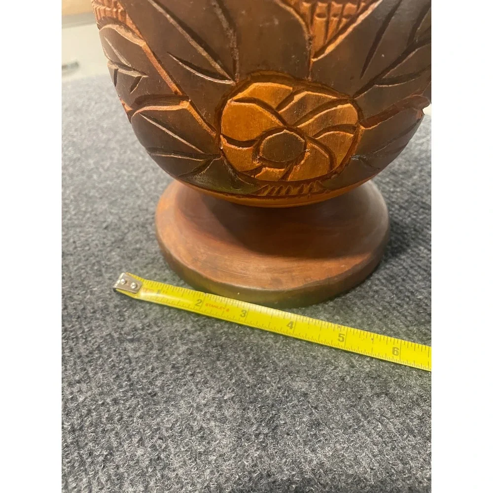 Hand Carved Wooden Mortar and Pestle Set Floral Design Rustic Brown Kitchen Tool